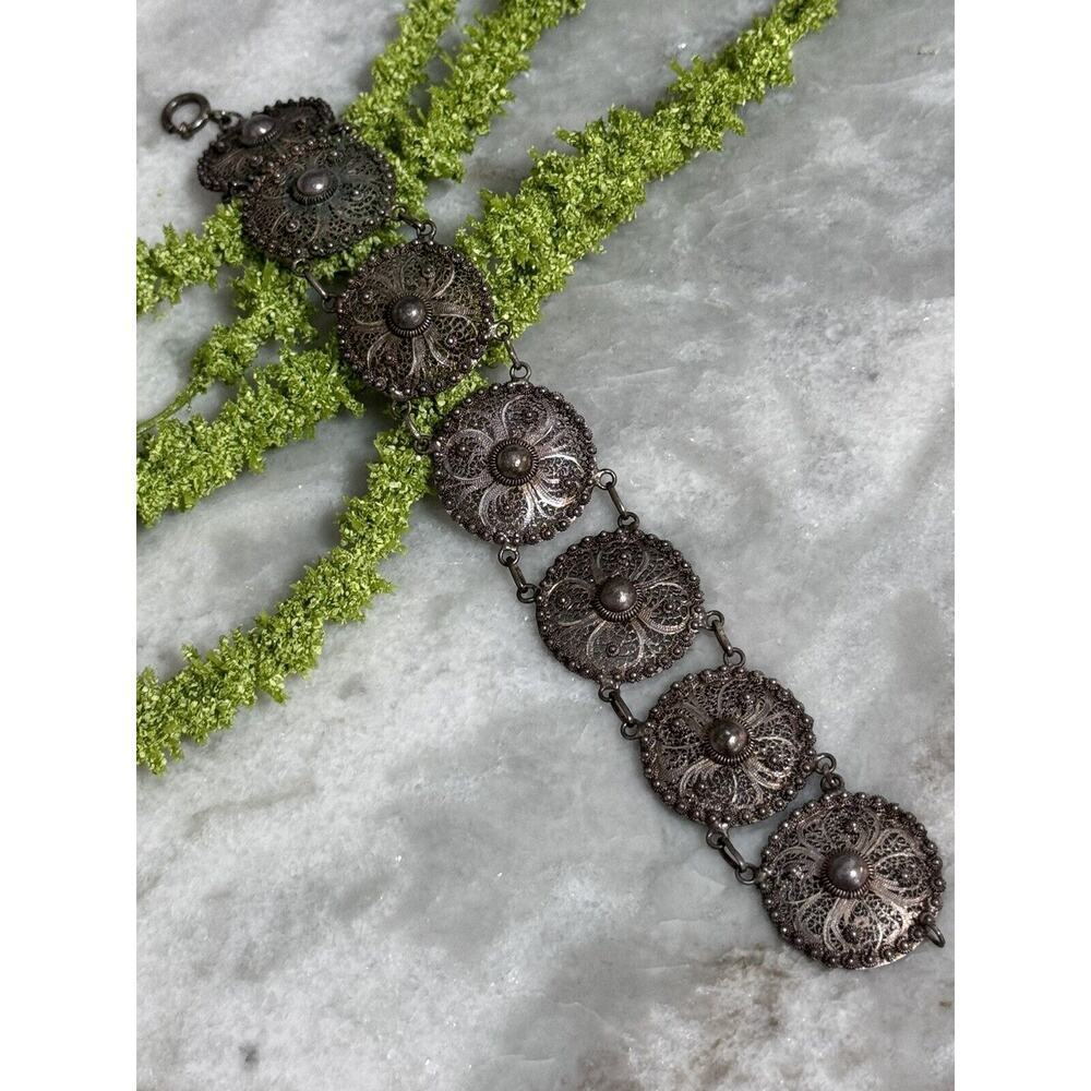 Antique Victorian Sterling Silver Filigree Flower Link Bracelet